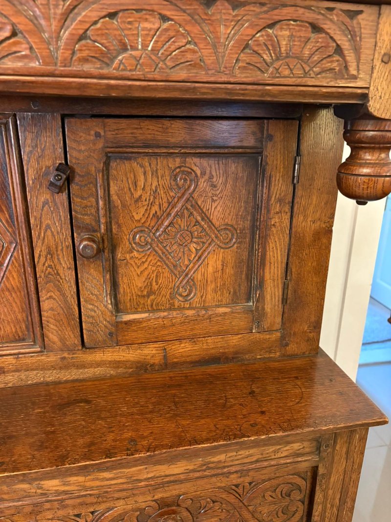 Quality Antique Carved Oak Court Cupboard with Ipswich Carving